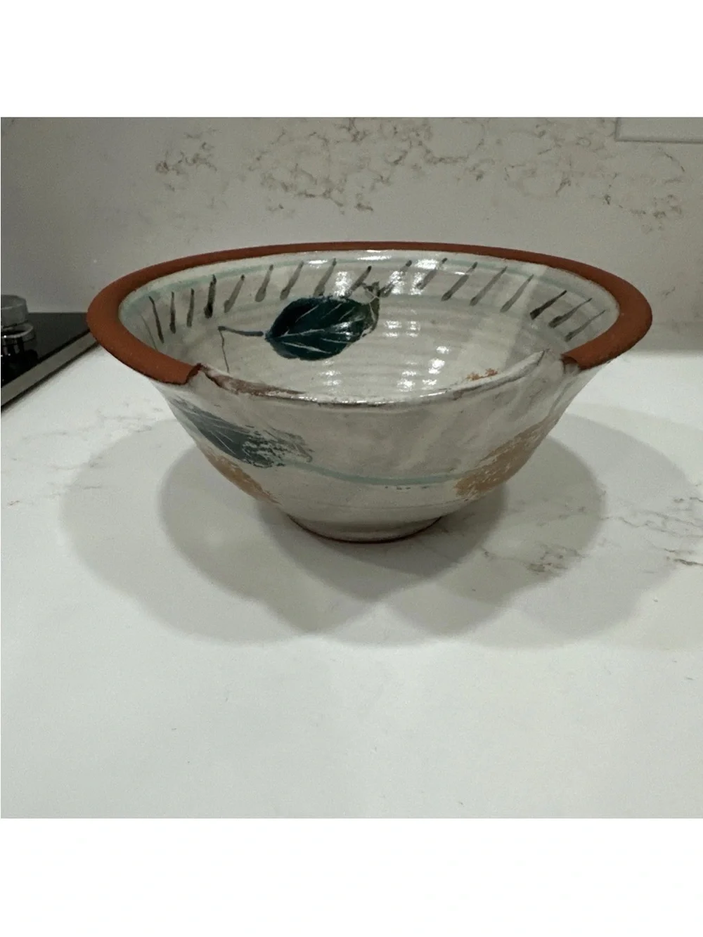 Hand Thrown Art Studio Stoneware Pottery Bowl W/ Pinched Pour Spout Signed Pears